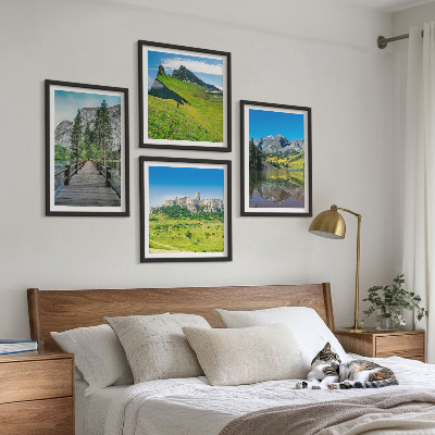 Set of 4 wall art pieces Green hills with a castle