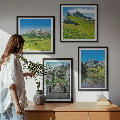 Green hills with a castle wall art set of 4 pieces