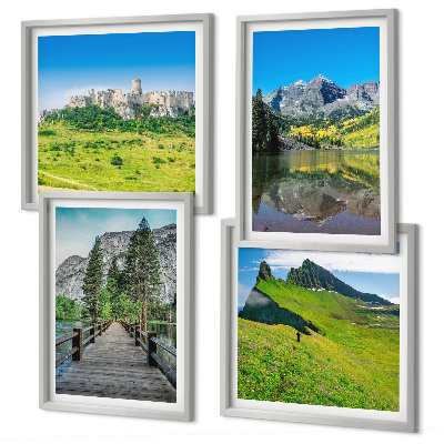 Set of 4 wall art pieces Green hills with a castle