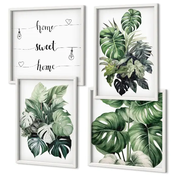 Green tropical leaves watercolor wall art set