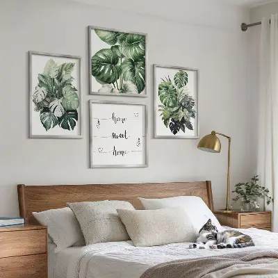 Green tropical leaves watercolor wall art set 