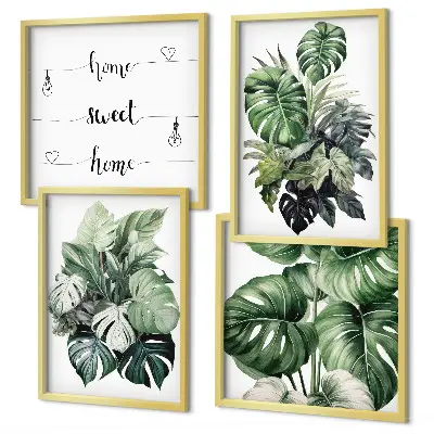 Green tropical leaves watercolor wall art set 