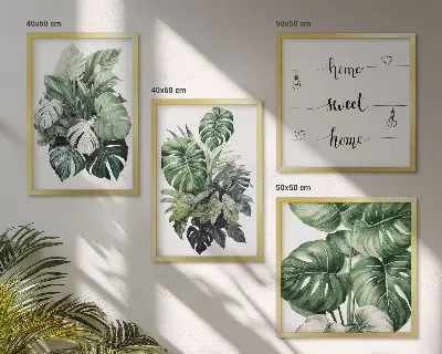 Green tropical leaves watercolor wall art set 