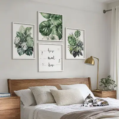 Green tropical leaves watercolor wall art set 