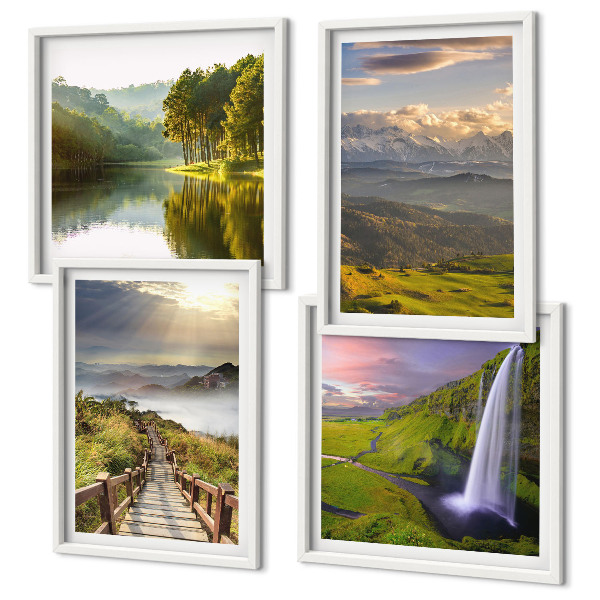 Set of 4 wall art pieces Mountain landscapes waterfall