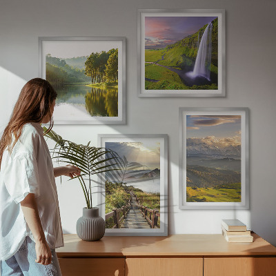 Set of 4 wall art pieces Mountain landscapes waterfall