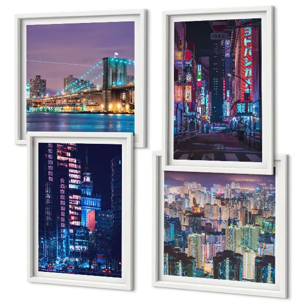 Night cities with neon lights wall art set