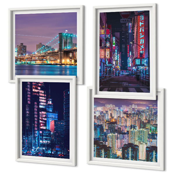 Wall art set Night cities with neon lights