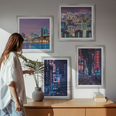 Wall art set Night cities with neon lights