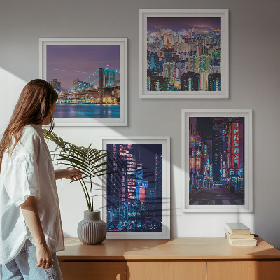 Wall art set Night cities with neon lights