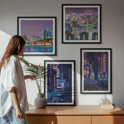 Wall art set Night cities with neon lights