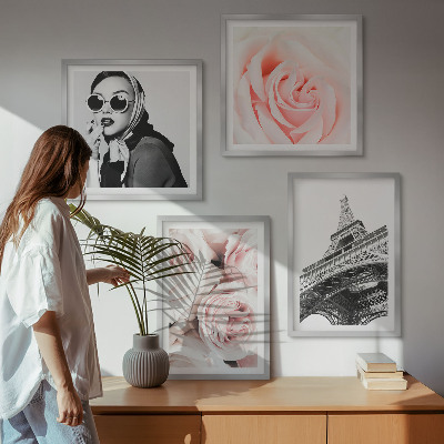 Multi-piece wall decor set Eiffel's portrait of a woman roses