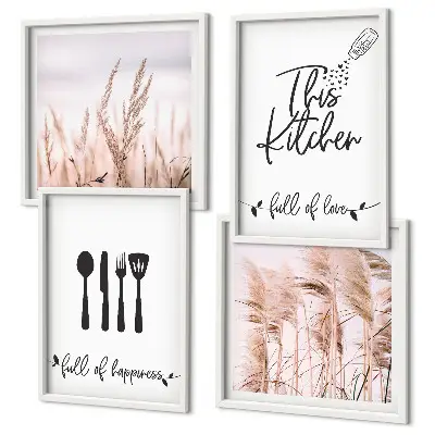 Boho grass kitchen wall art set with lettering