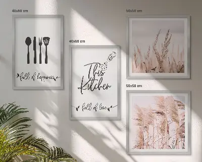 Boho grass kitchen wall art set with lettering