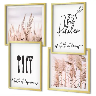 Boho grass kitchen wall art set with lettering