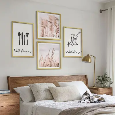 Boho grass kitchen wall art set with lettering