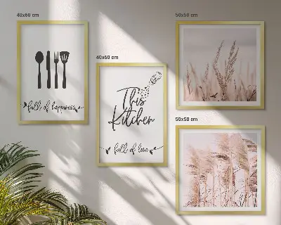 Boho grass kitchen wall art set with lettering