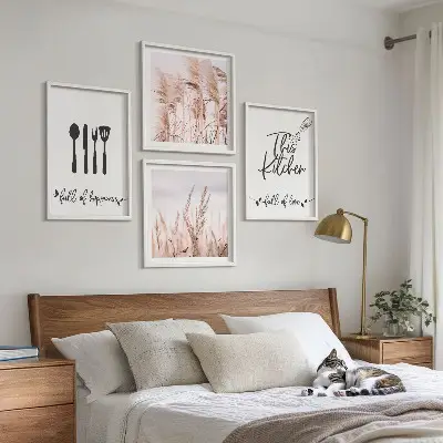 Boho grass kitchen wall art set with lettering
