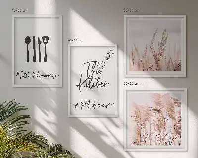 Boho grass kitchen wall art set with lettering