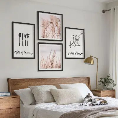 Boho grass kitchen wall art set with lettering