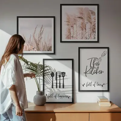 Boho grass kitchen wall art set with lettering