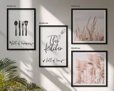 Boho grass kitchen wall art set with lettering