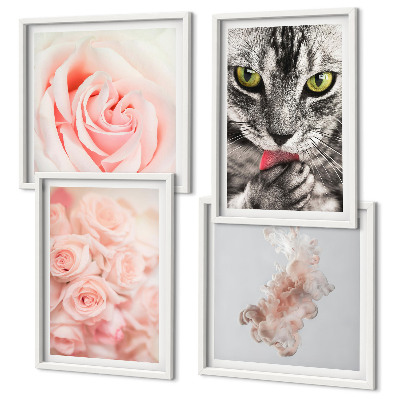 Set of 4 wall art pieces Gray cat roses abstract