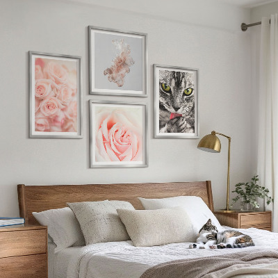 Set of 4 wall art pieces Gray cat roses abstract