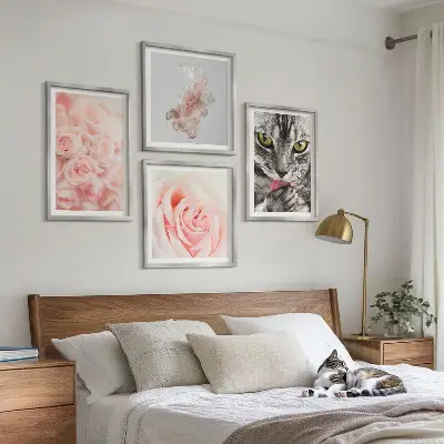 Gray cat and roses abstract wall art set of 4 pieces