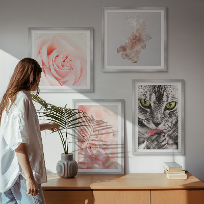 Set of 4 wall art pieces Gray cat roses abstract