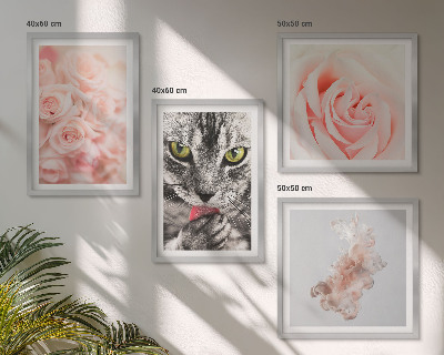 Set of 4 wall art pieces Gray cat roses abstract