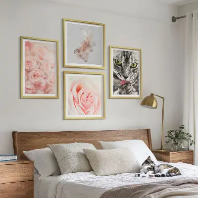 Gray cat and roses abstract wall art set of 4 pieces