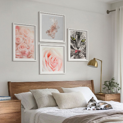 Set of 4 wall art pieces Gray cat roses abstract