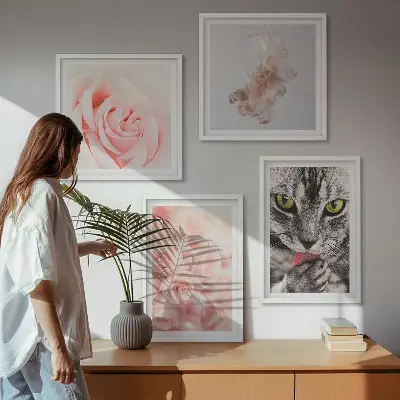 Gray cat and roses abstract wall art set of 4 pieces