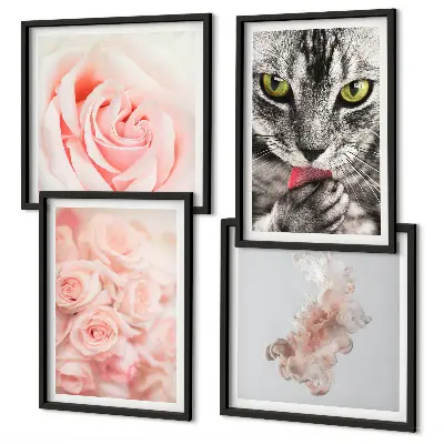 Gray cat and roses abstract wall art set of 4 pieces