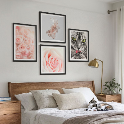 Set of 4 wall art pieces Gray cat roses abstract