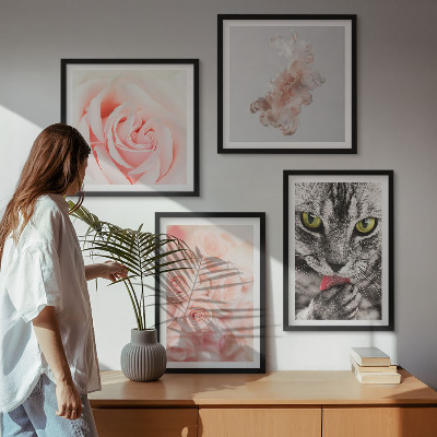 Set of 4 wall art pieces Gray cat roses abstract