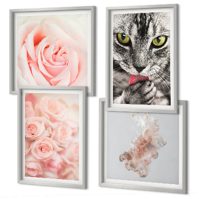 Set of 4 wall art pieces Gray cat roses abstract