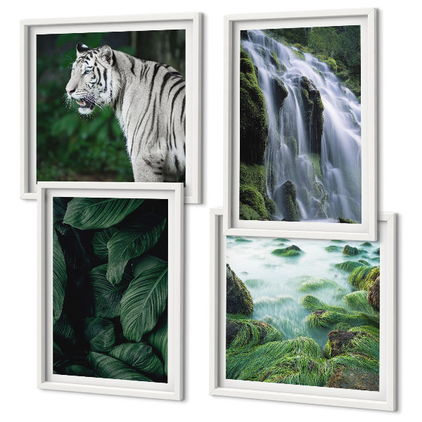 Set of 4 wall art pieces White tiger waterfall leaves