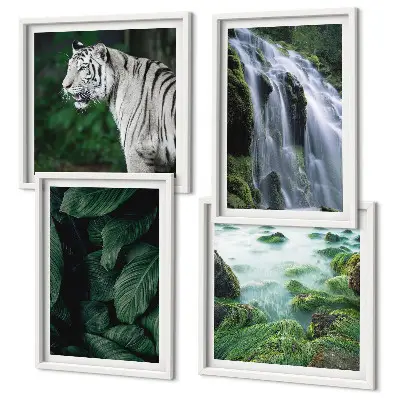 White tiger waterfall and leaves wall art set of 4 pieces