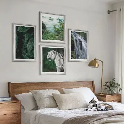 White tiger waterfall and leaves wall art set of 4 pieces