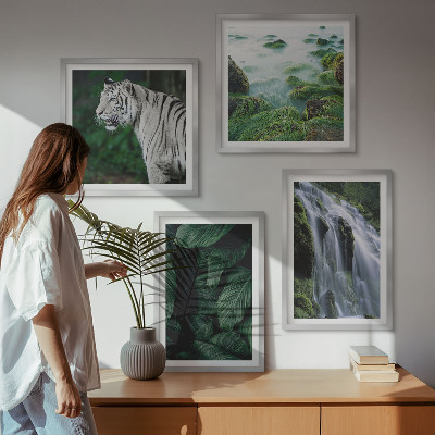 Set of 4 wall art pieces White tiger waterfall leaves