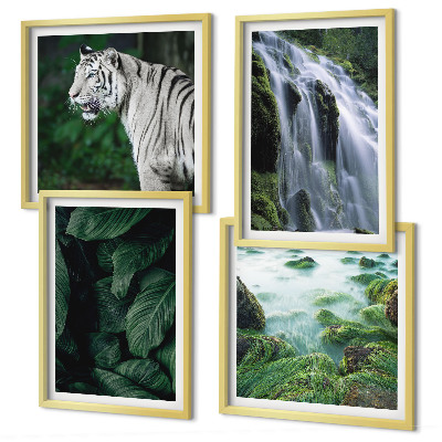 Set of 4 wall art pieces White tiger waterfall leaves