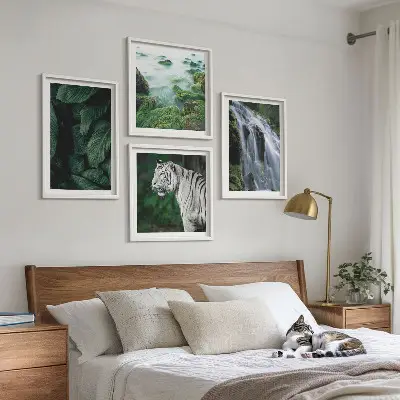 White tiger waterfall and leaves wall art set of 4 pieces