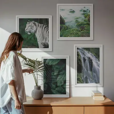 White tiger waterfall and leaves wall art set of 4 pieces
