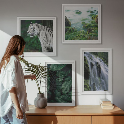 Set of 4 wall art pieces White tiger waterfall leaves