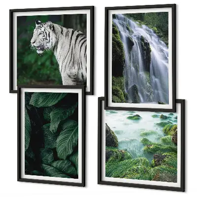 White tiger waterfall and leaves wall art set of 4 pieces