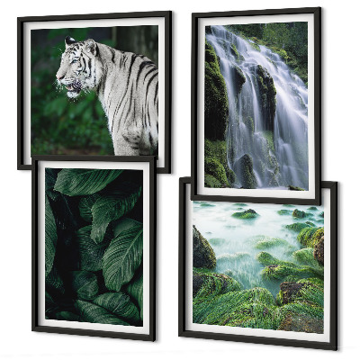 Set of 4 wall art pieces White tiger waterfall leaves