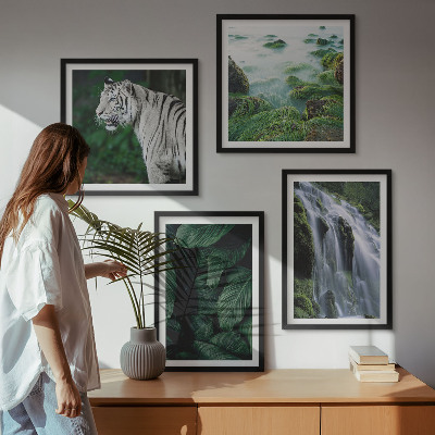 Set of 4 wall art pieces White tiger waterfall leaves
