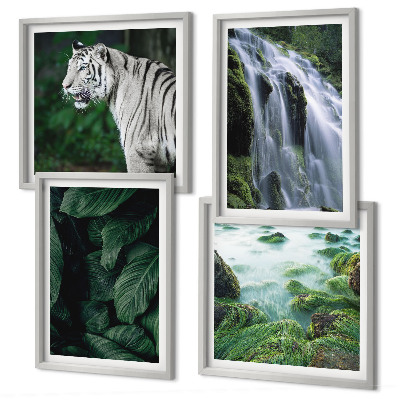 Set of 4 wall art pieces White tiger waterfall leaves